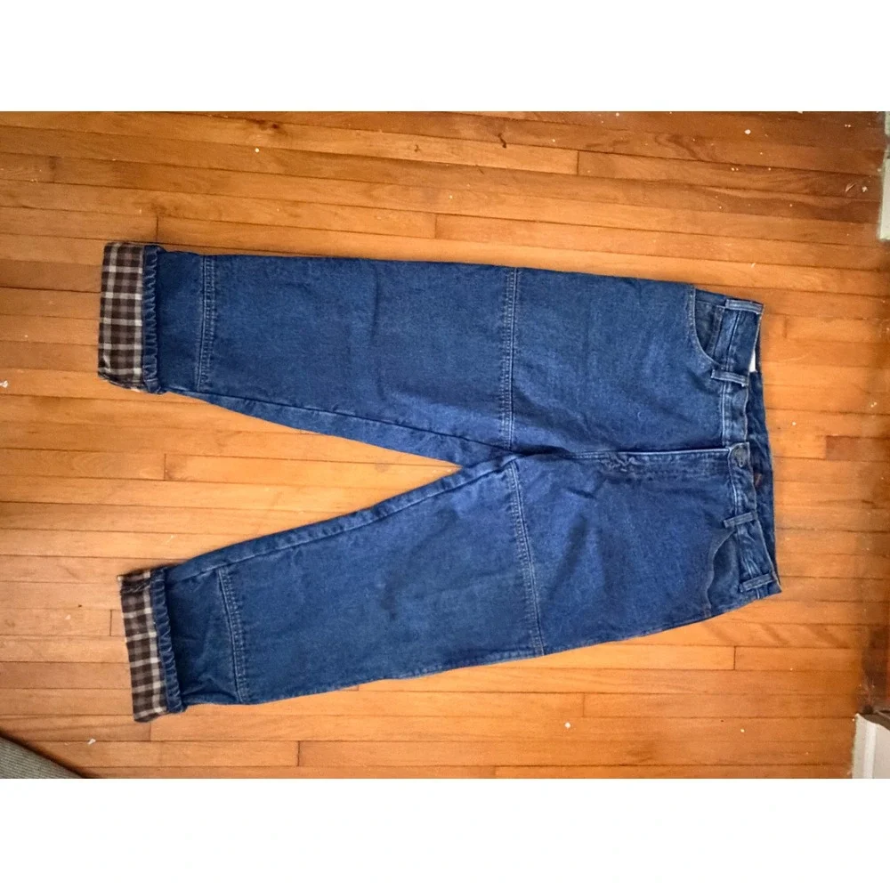 Mens Flannel Lined Blue Denim Jeans Plaid Cuffed Relaxed Straight Work Pants